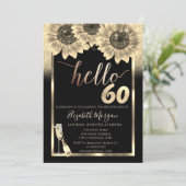 グリッター、ひまわり、ガラス ブラック 60歳の誕生日パーティー 招待状 (スタンド正面)