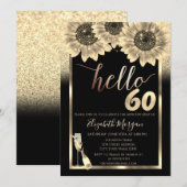 グリッター、ひまわり、ガラス ブラック 60歳の誕生日パーティー 招待状 (正面/裏面)