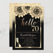 グリッター，ひまわり，グラスブラック70th誕生日パーティー 招待状 (正面/裏面)