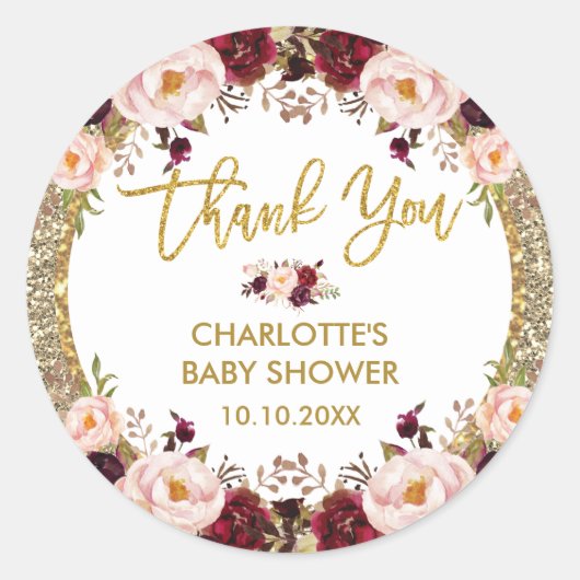 グリッター グラム バーガンディー ブラッシュ フラワーベイビーシャワー ラウンドシール (正面)
