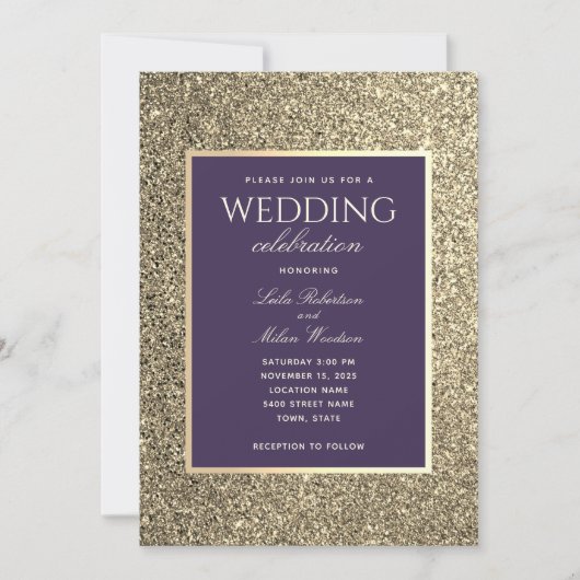 グリッター ゴールドとパープルの結婚式招待状 招待状 (正面)