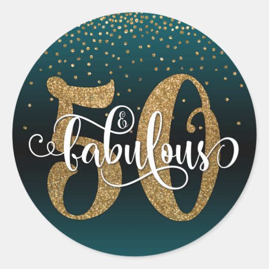 グリッター&スクリプト50と素晴らしいティール（緑がかった色）誕生日 ラウンドシール (正面)