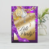 グリッター スティレット風船 21歳の誕生日 パープル 招待状 (スタンド正面)