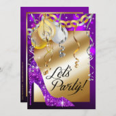 グリッター スティレット風船 21歳の誕生日 パープル 招待状 (正面/裏面)