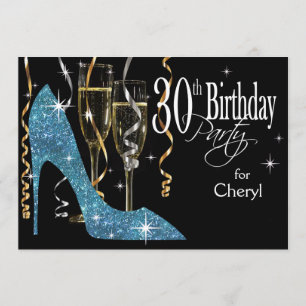 グリッター スティレット シャンパン 30歳 誕生日 淡い青 招待状