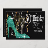 グリッター スティレット シャンパン 50歳の誕生日 ティール 招待状 (正面/裏面)
