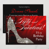 グリッター スティレット ゼブラ 50 & ファビュラス バースデー レッド 招待状 (正面/裏面)