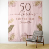 グリッター ストローク ピンク ハッピー 50歳の誕生日 タペストリー (インサイチュ)