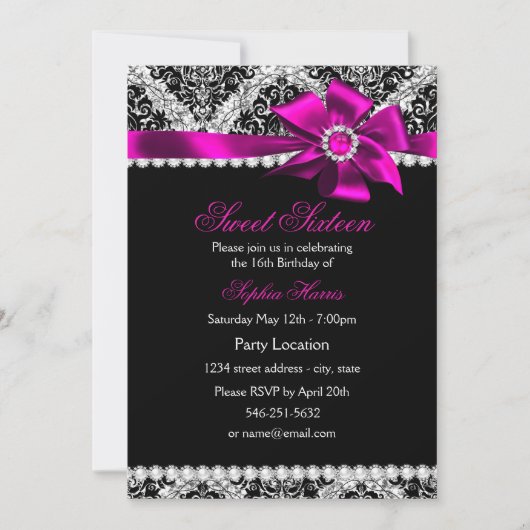 グリッター ダマスク & ピンク ジュエル ボー Sweet 16 招待状 (正面)