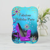 グリッター ティール パープル ハイ ヒール 誕生日パーティー 2 招待状 (スタンド正面)