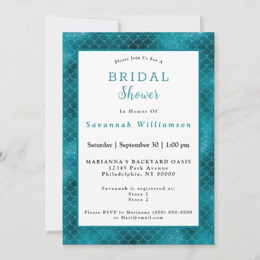 グリッター ティール マーメイド スケール ブライダル シャワー 招待状 (正面)