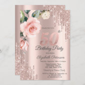 グリッター ドリップス ウォーターカラー ローズ 50歳の誕生日 招待状 (正面/裏面)