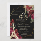 グリッター ドリップス、エッフェル塔 ダイヤモンド ローズ 30歳の誕生日 招待状 (正面)