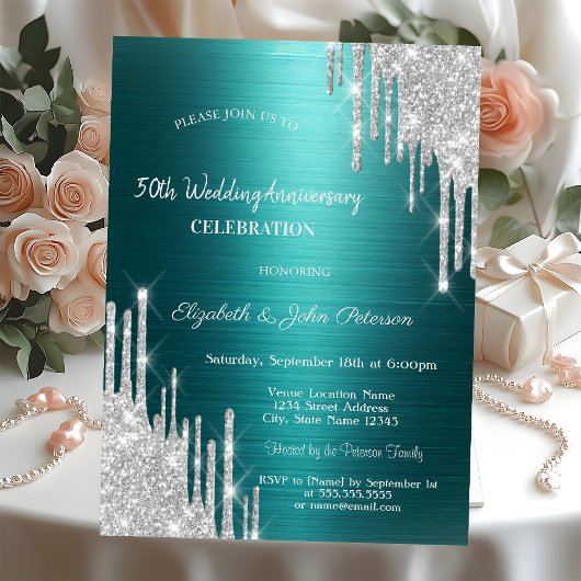 グリッター ドリップス グリーン 結婚記念日 招待状