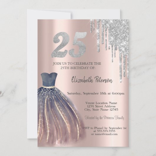 グリッター ドリップス、シック ドレス 25歳の誕生日 招待状 (正面)
