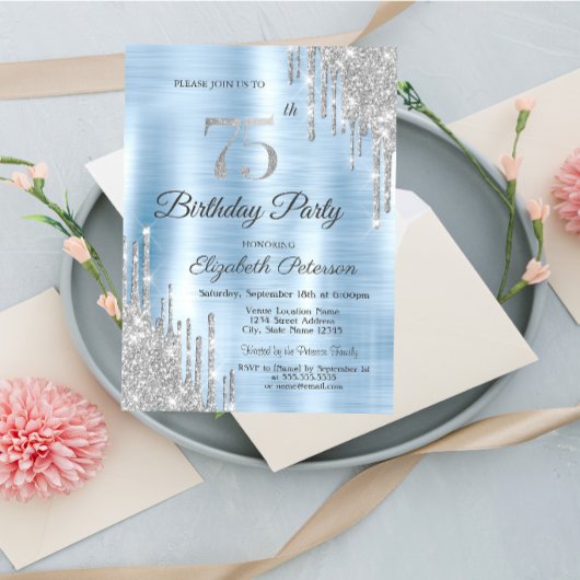 グリッター ドリップス シルバー 75歳の誕生日 招待状