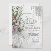 グリッター ドリップス、ドレス 松の木の雪のスイート 16 招待状 (正面)