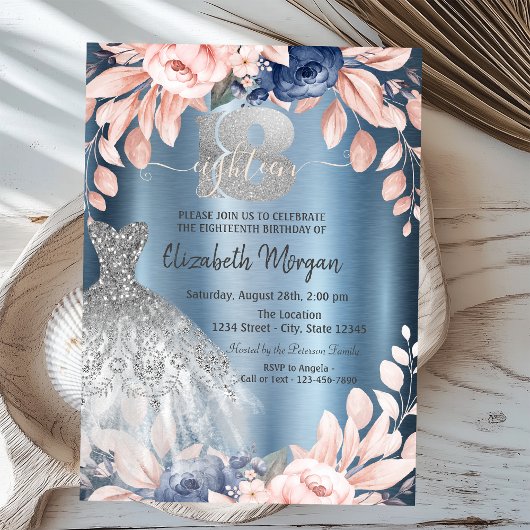 グリッター ドリップス ドレス 花 青 メタリック 18歳 招待状