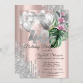  グリッター ドリップス バルーン 熱帯花 40歳  招待状 (正面/裏面)