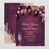 グリッター ドリップス バーガンディー 風船 ブライダルシャワー 招待状 (正面/裏面)