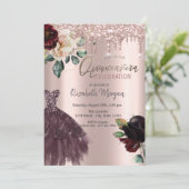 グリッター ドリップス、バーガンディ ドレス、ローズ クインセアニエラ 招待状 (スタンド正面)