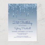 グリッター ドリップス ブルー 21歳の誕生日パーティー招待状 ポストカード (正面)