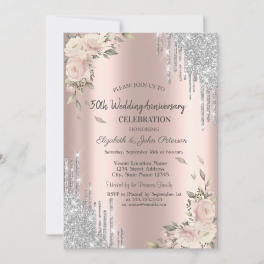 グリッター ドリップス、ローズ、 ローズゴールド 結婚記念日 招待状 (正面)
