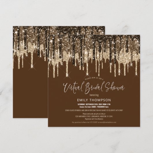 グリッター ドリップ ゴールド ブラウン バーチャル ブライズ シャワー 招待状 (正面/裏面)