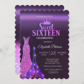 グリッター ドレス, ティアラ, エッフェル塔 紫のスイート16 招待状 (正面/裏面)