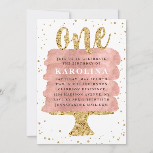 グリッター&バラ金ゴールドケーキファースト誕生日 招待状 (正面)