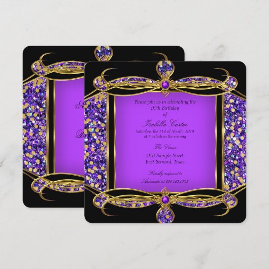 グリッター パープル ゴールド ブラック 誕生日パーティー 招待状 (正面/裏面)