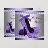 グリッター パープル ハイヒール シューズ 誕生日 招待状 (正面/裏面)
