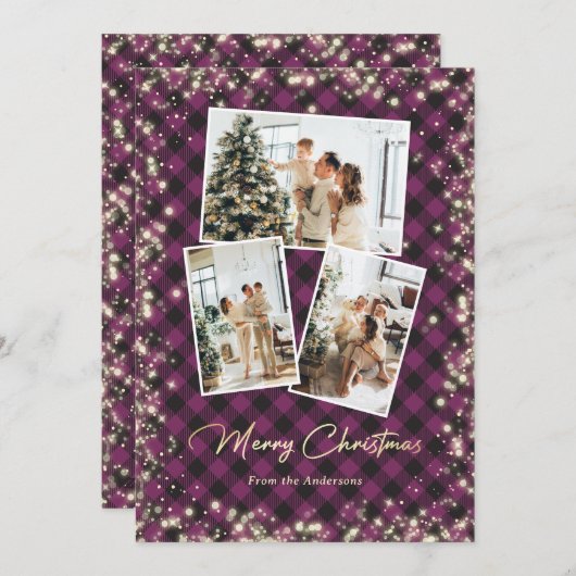 グリッター パープル プライド ゴールド 3 フォト メリークリスマス シーズンカード (正面/裏面)