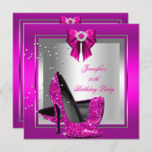 グリッター ピンク ハイ ヒール シューズ シルバー バースデー パーティー 招待状 (正面/裏面)