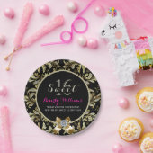 グリッター&フェイク金ゴールドレースオンブラックスウィート16 2 ペーパープレート (パーティー)