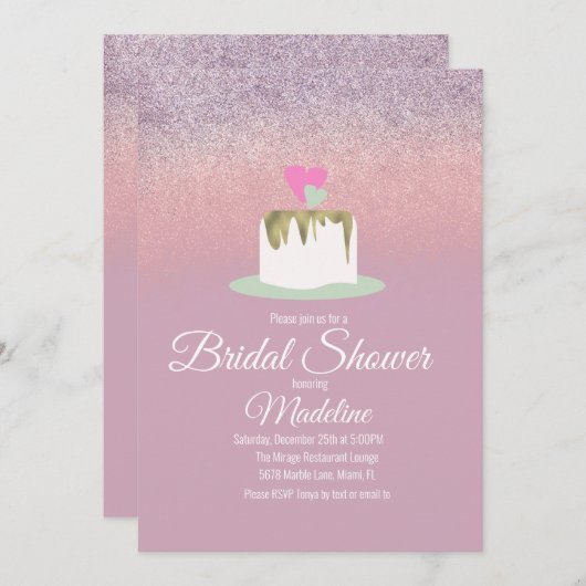 グリッター フォイル ウェディング ケーキ ワン ティア ブライダル シャワー 招待状 (正面/裏面)