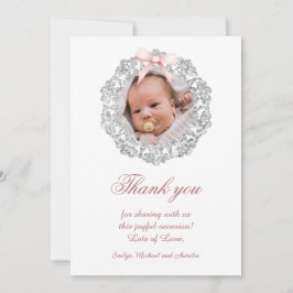 グリッター フレーム ピンクの蝶結び 洗礼 お礼カード 招待状