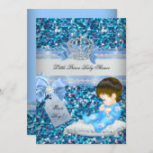 グリッター ベビーシャワー 男の子 青い リトルプリンス クラウン 4 招待状 (正面/裏面)
