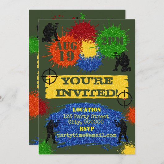 グリッター・ペイントボール・パーティーの招待状 招待状 (正面/裏面)