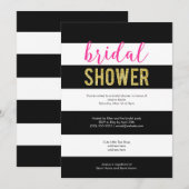 グリッター ホットピンク ブラックストライプ ブライダルシャワー 招待状 (正面/裏面)