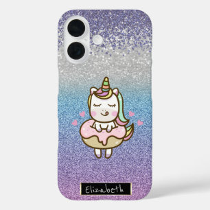 グリッター・ボケ・オンブレ・バイオレットダイヤモンド・ユニコーンドーナツ iPhone 16ケース