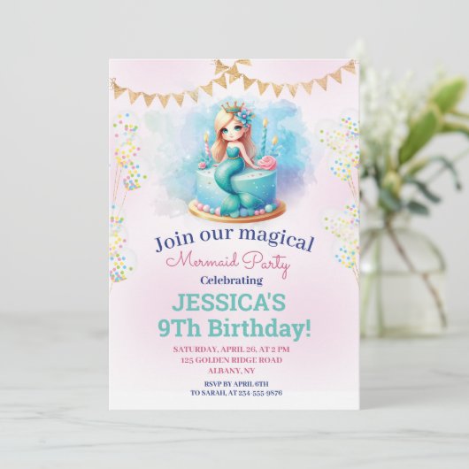 グリッター マジカル マーメイド 9歳の誕生日 写真 招待状 (スタンド正面)