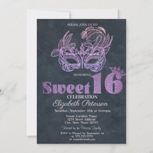 グリッター・マスク・バイオレット Sweet 16 招待状 (正面)