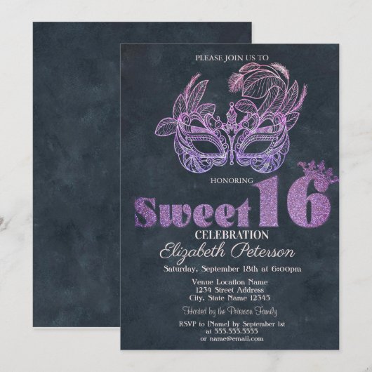 グリッター・マスク・バイオレット Sweet 16 招待状 (正面/裏面)