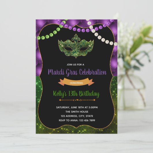 グリッター マーディグラス パーティー 誕生日 招待状 (スタンド正面)