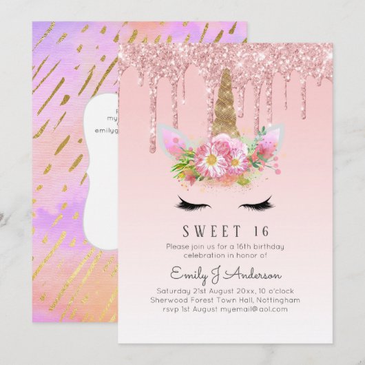 グリッター ユニコーン スウィート16 ピンク ゴールド 16歳の女の子の誕生日 招待状 (正面/裏面)