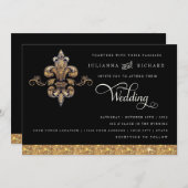 グリッター ルック フェイク ゴールド ブラック フォーマル フルールドリス 招待状 (正面/裏面)