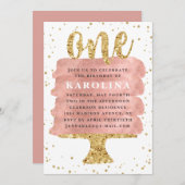 グリッター&ローズゴールドケーキ ファーストバースデー 招待状 (正面/裏面)