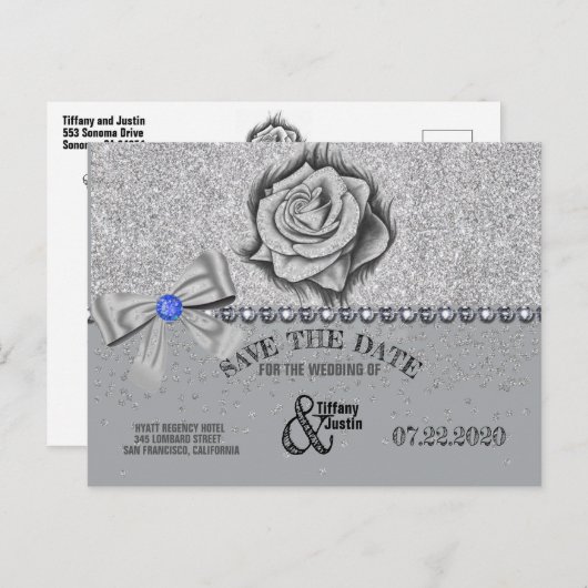 グリッター、ローズ、ダイヤモンド&リボン 結婚式のご案内カード 案内ポストカード (正面/裏面)