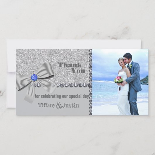 グリッター、ローズ、ダイヤモンド＆リボン 結婚式感謝写真カード サンキューカード (正面)